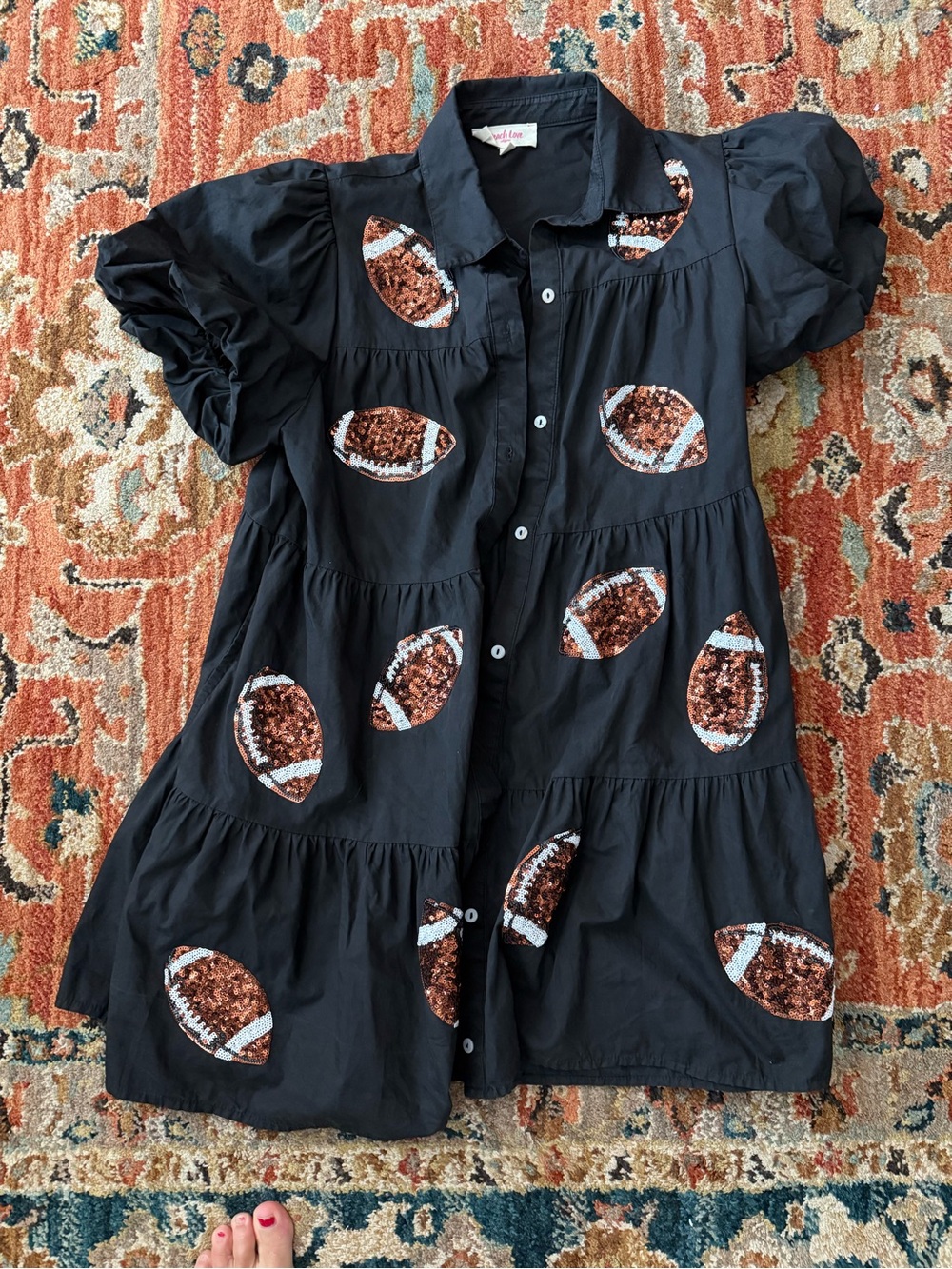Peach Love California Black Button-Front Football Sequin Tiered Dress